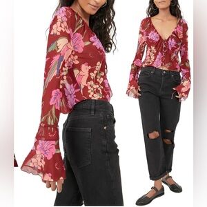 NWT Free People Of Paradise Floral Bell Sleeve Sheer Blouse
